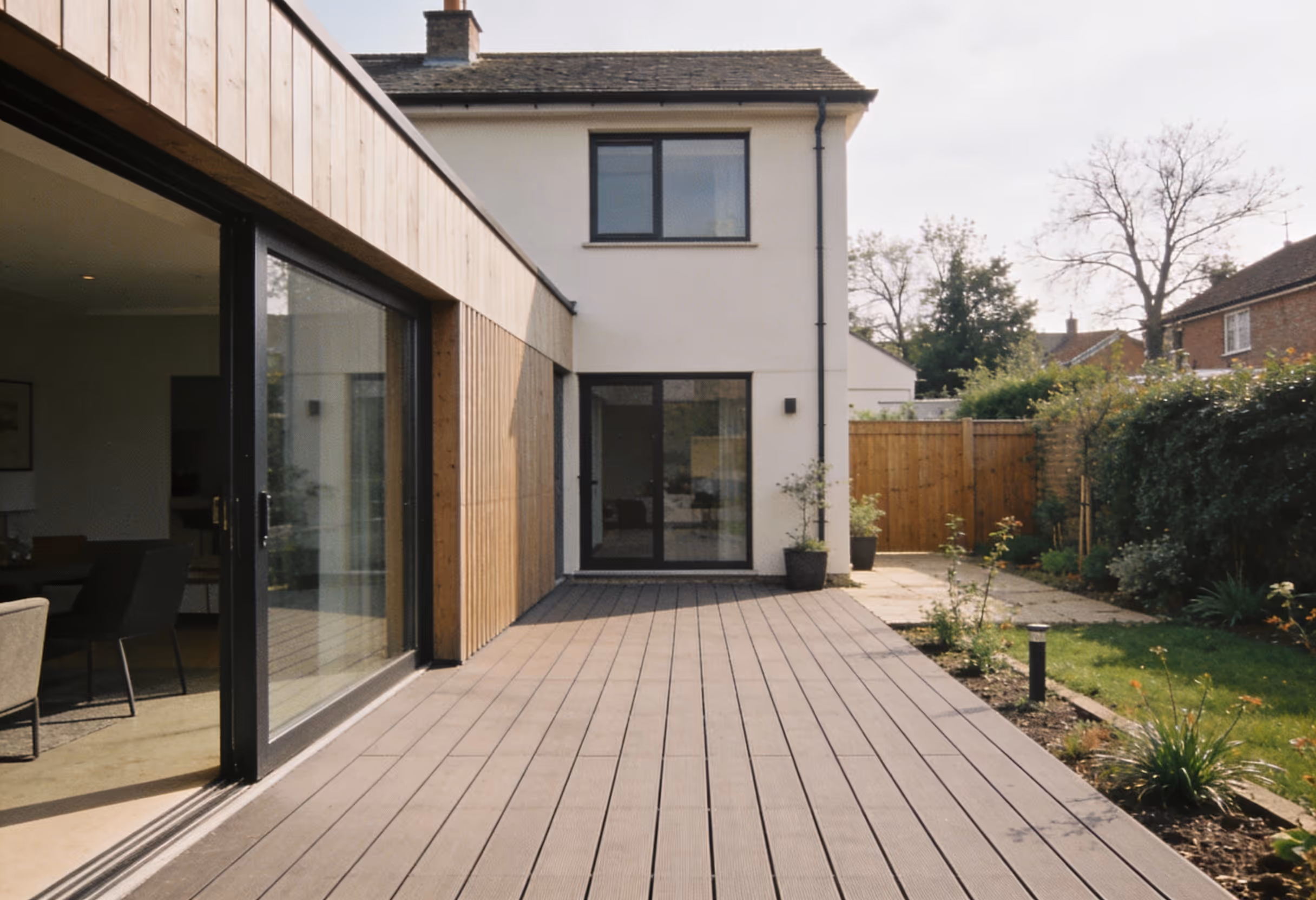 moderne terrasse mit holzbelag und gro en glasschiebet ren angrenzend an einen w