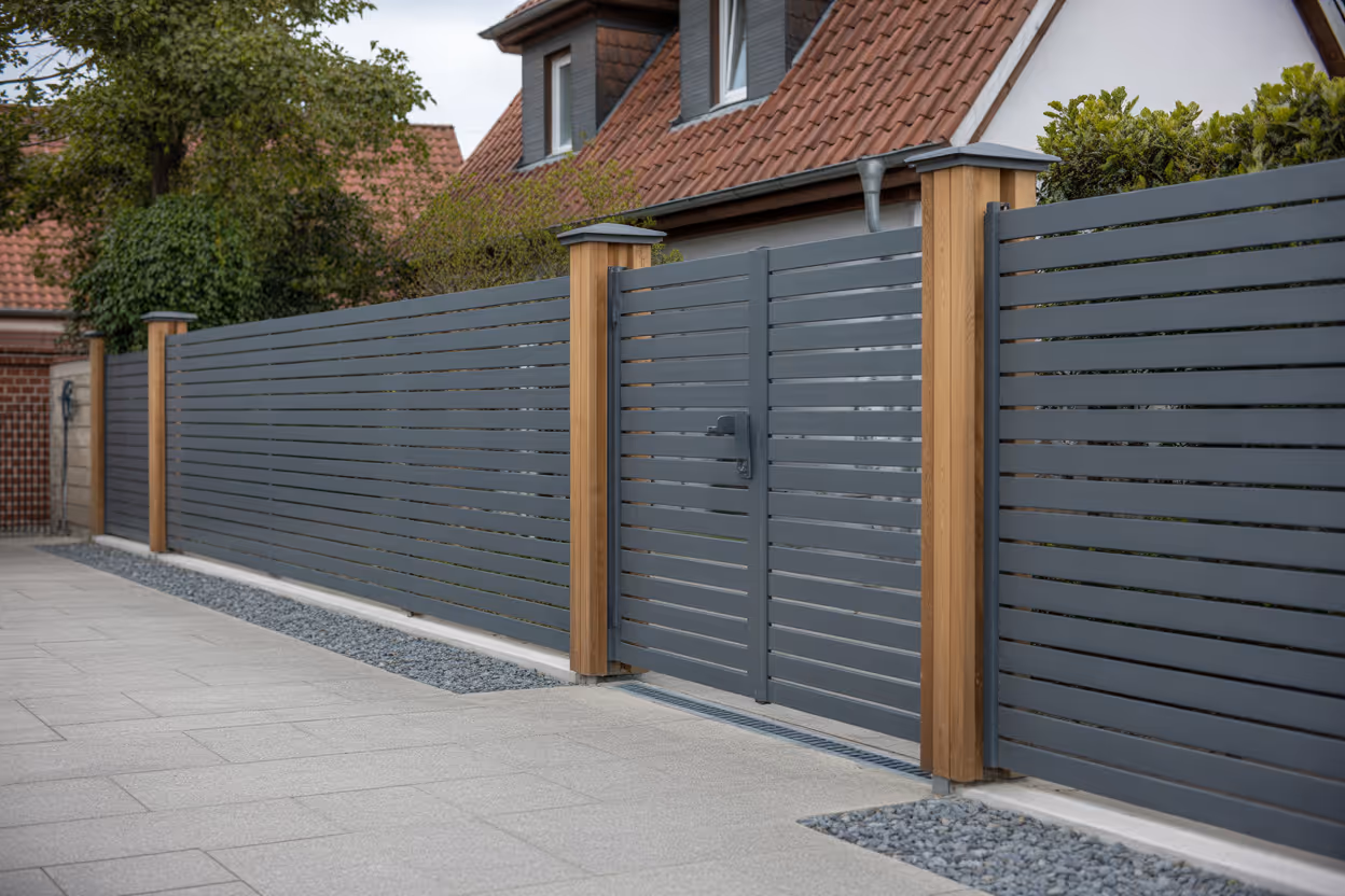 moderner grauer gartenzaun mit holzpfosten vor einem haus mit rotem dach