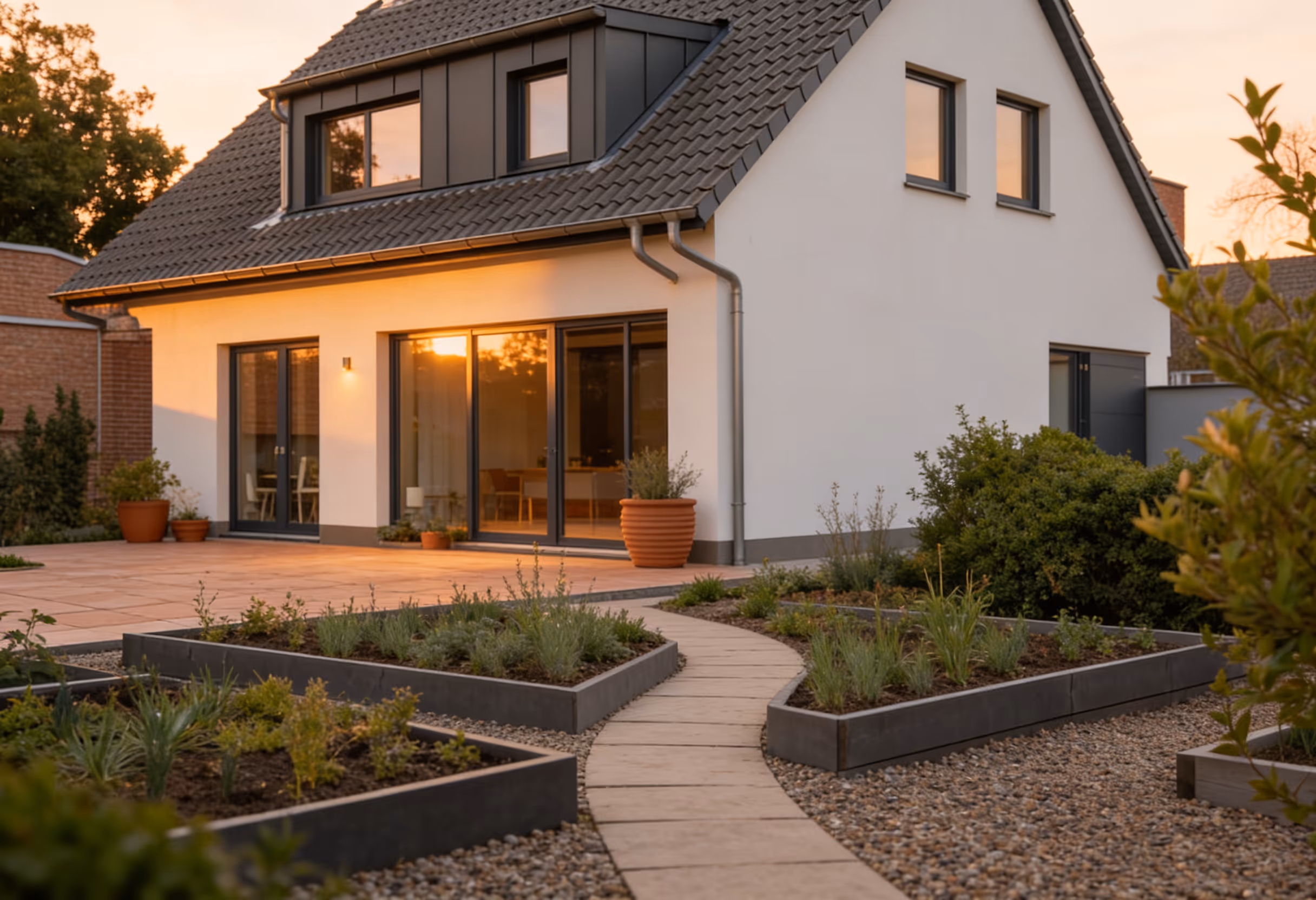 modernes wei es einfamilienhaus mit gro en glas schiebet ren grauem dach und ein