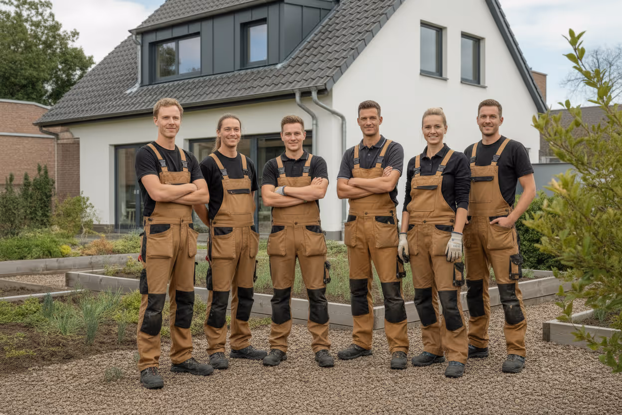 sechs landschaftsg rtner in brauner arbeitskleidung stehen mit verschr nkten arm